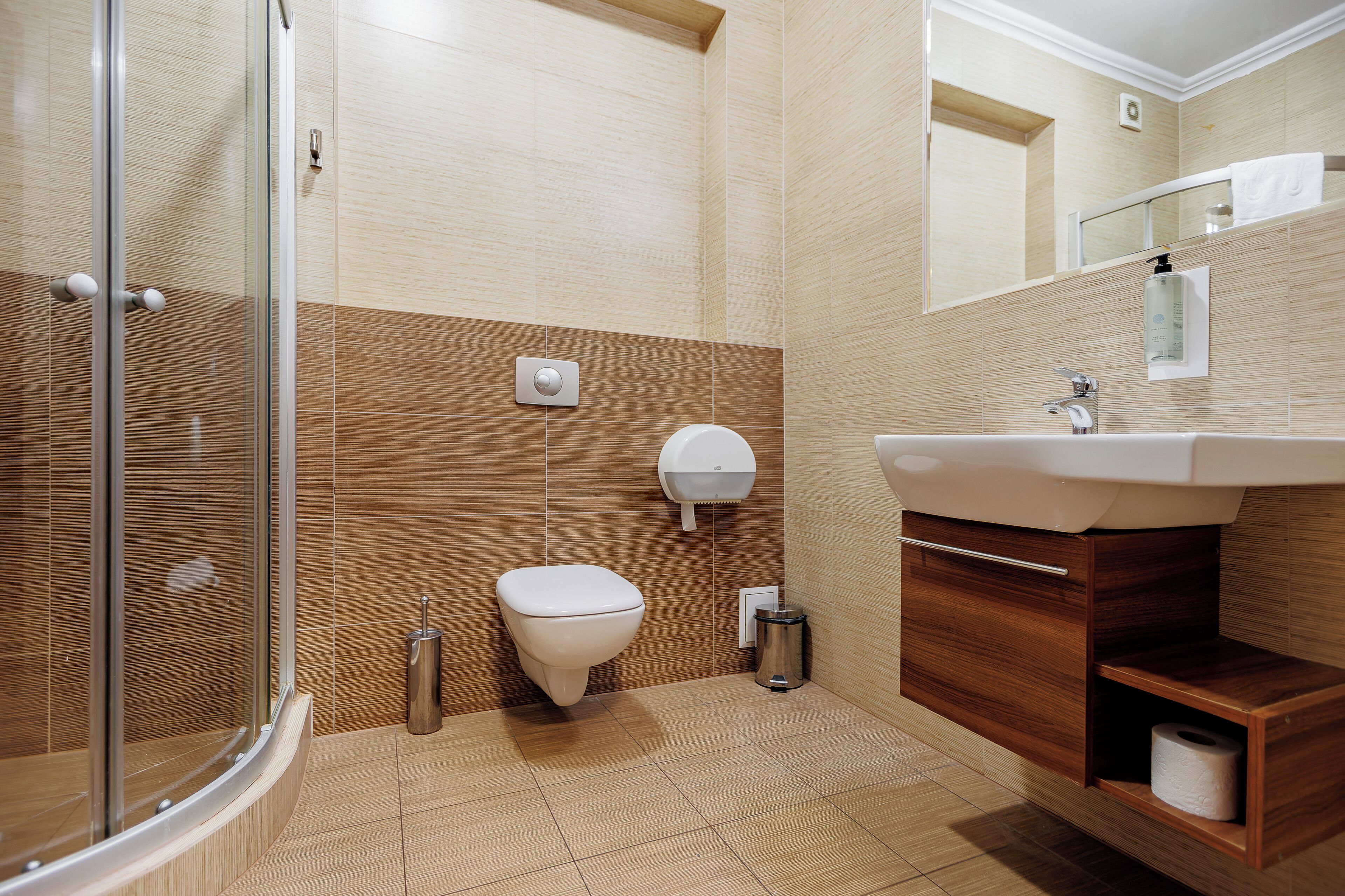 standard double room | bathroom | shower, free toiletries, hair dryer, towels