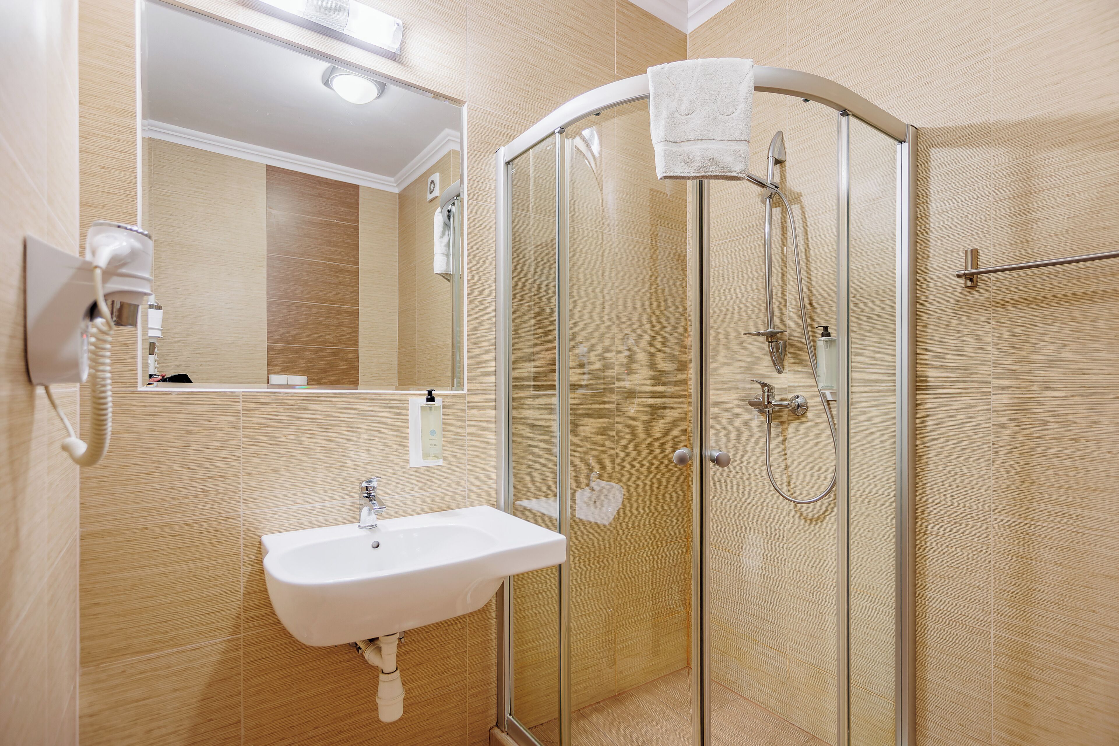 standard double room | bathroom | shower, free toiletries, hair dryer, towels