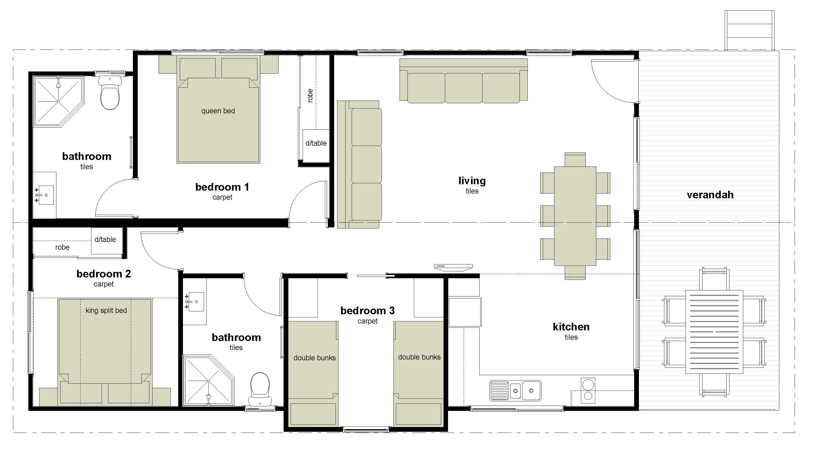 A floor plan with three bedrooms, two bathrooms, a living room with a dining table, a kitchen, and a veranda.