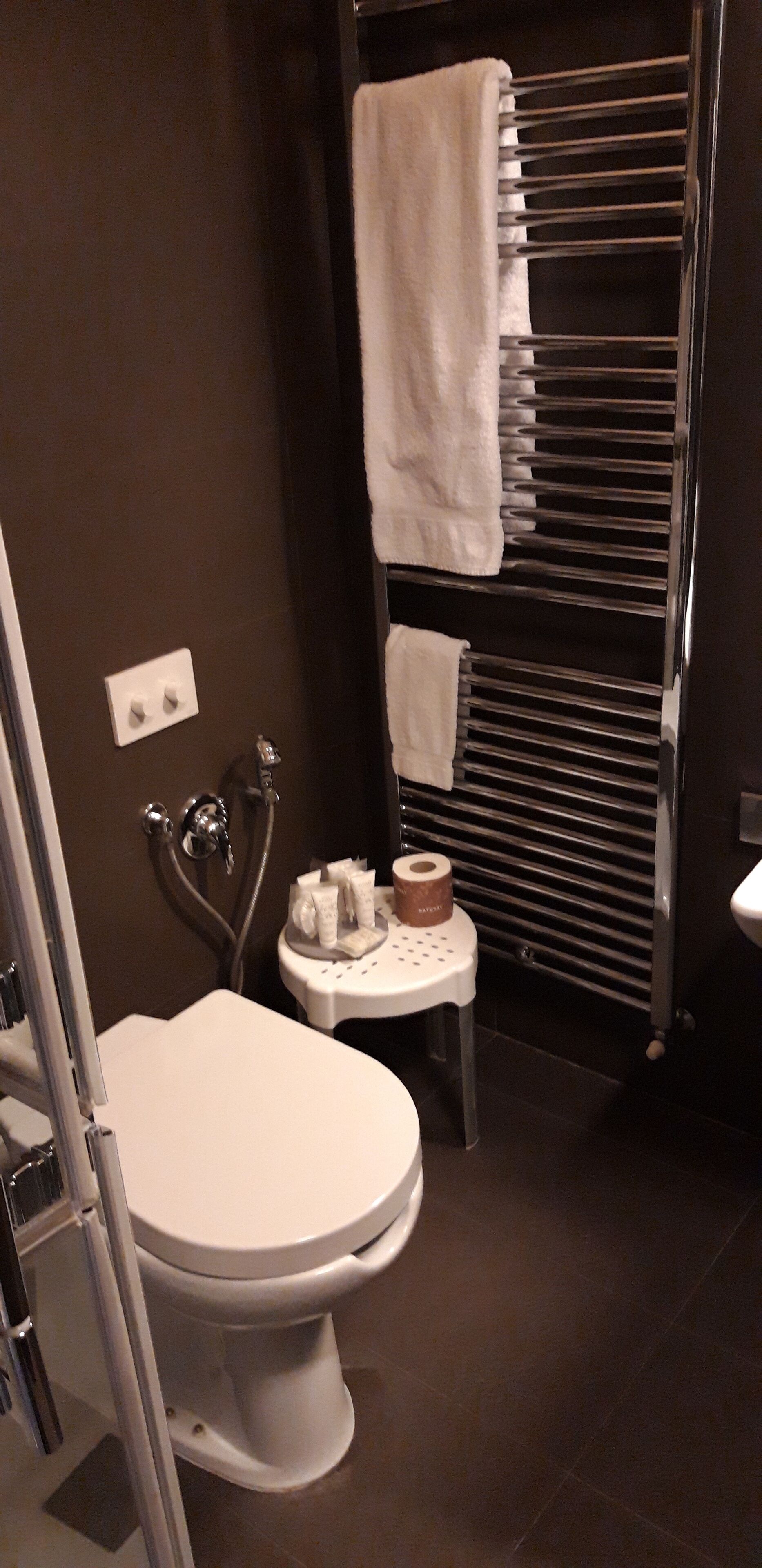 A modern bathroom with a toilet, a towel rack, and a small sink with toiletries.