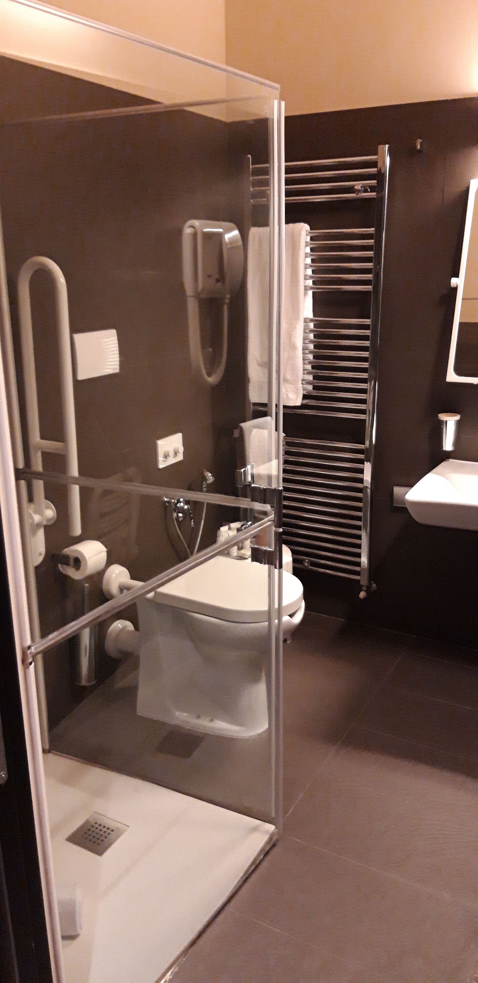 Ein modernes Badezimmer mit einer Duschkabine, Toilette, Handtuchhalter und Waschbecken.