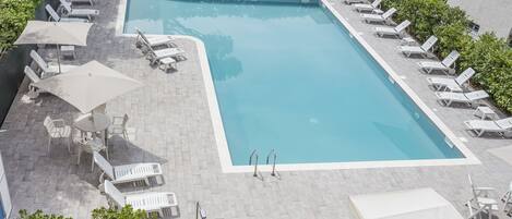 Outdoor pool, pool umbrellas, pool loungers