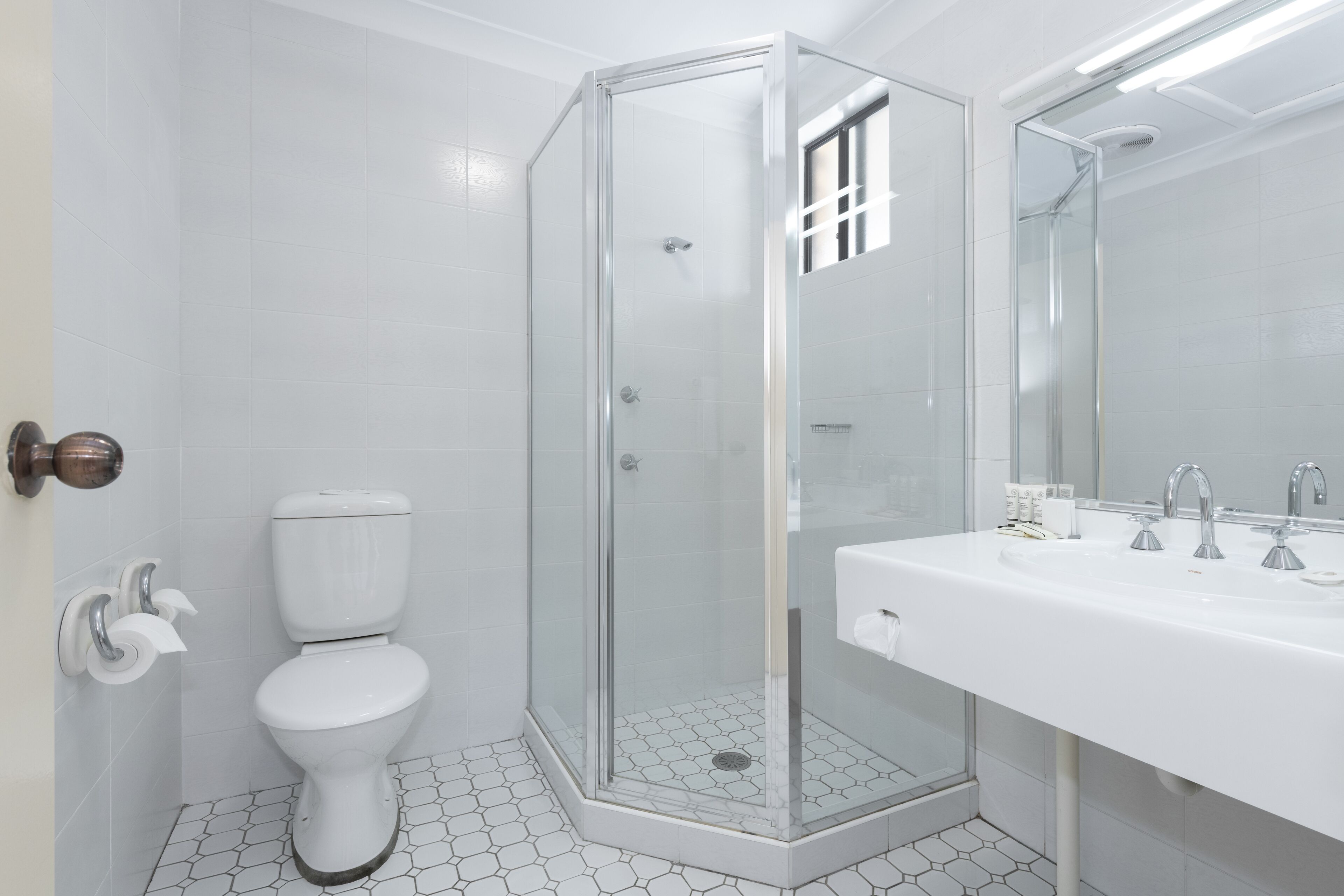A modern bathroom with a glass-enclosed shower, a white toilet, and a sink with a mirror.
