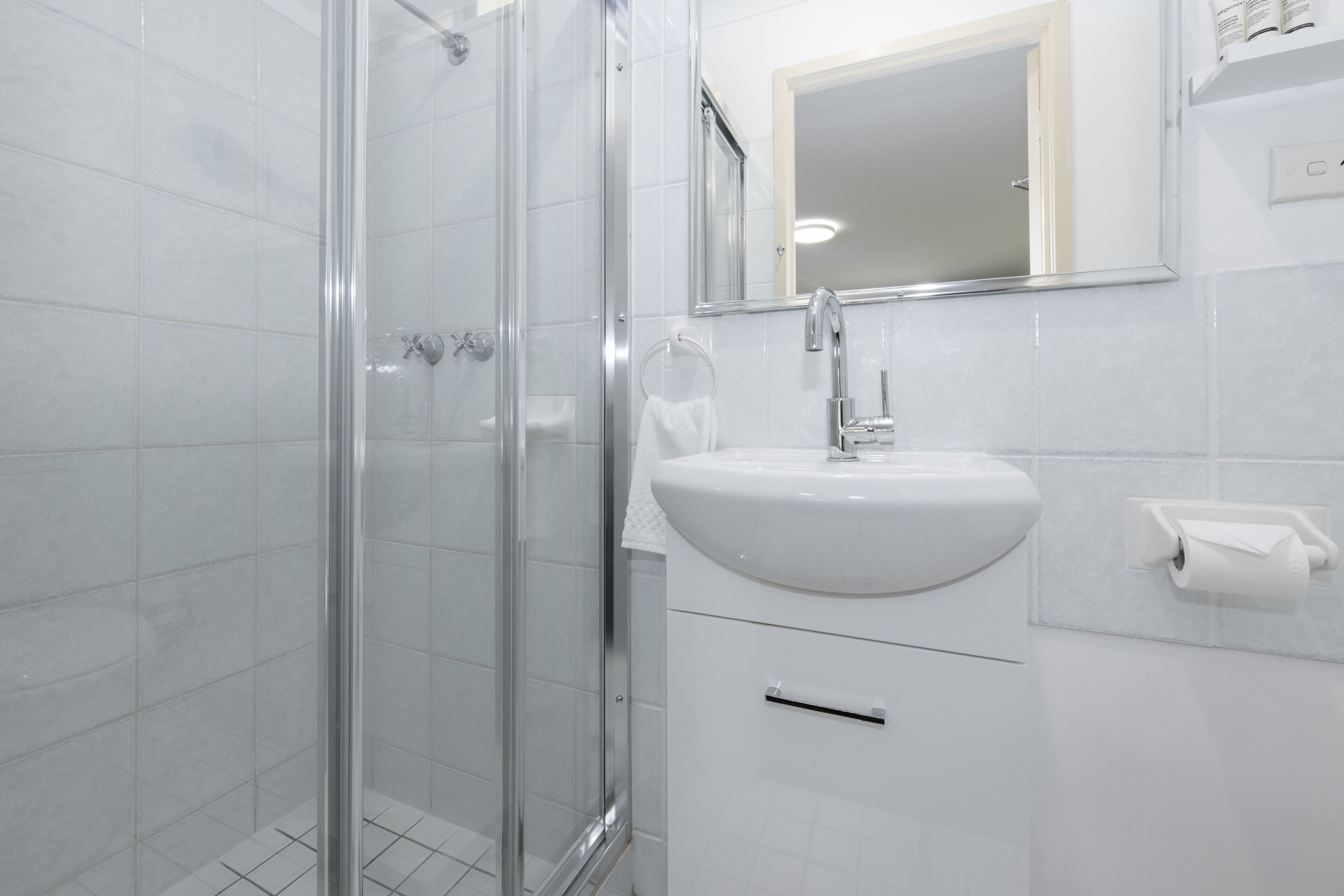 A modern bathroom with a glass shower enclosure, a white sink, and a mirror above the sink.