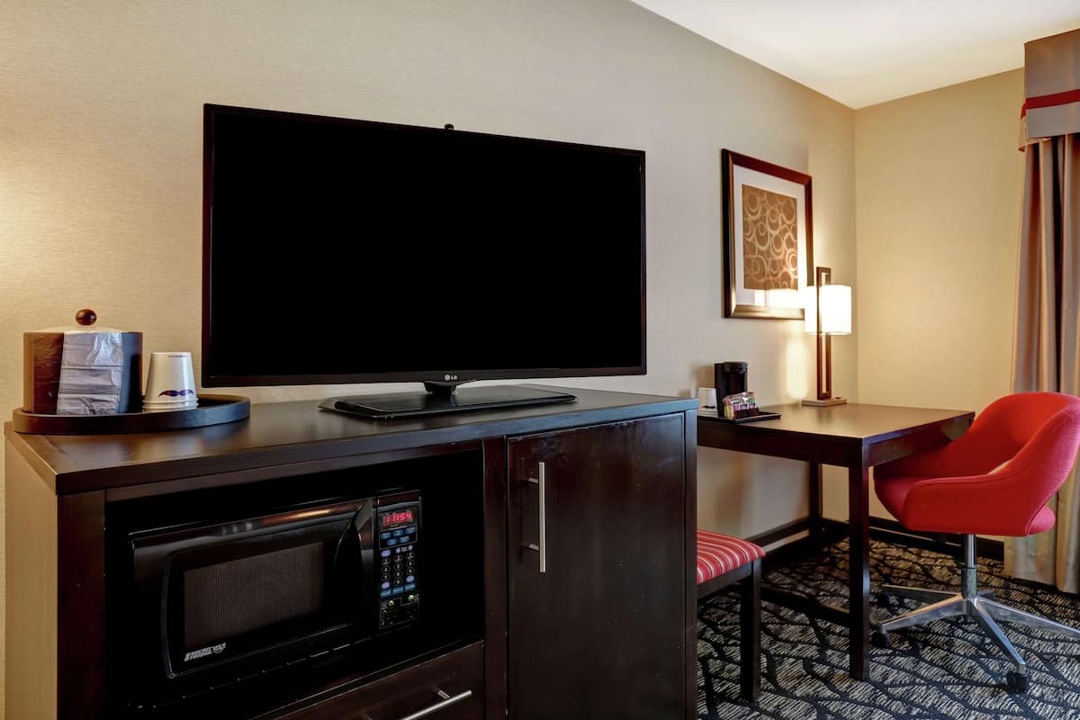 Quarto de hotel com televisão de tela plana, micro-ondas, mini-geladeira, escrivaninha com cadeira e quadro na parede.