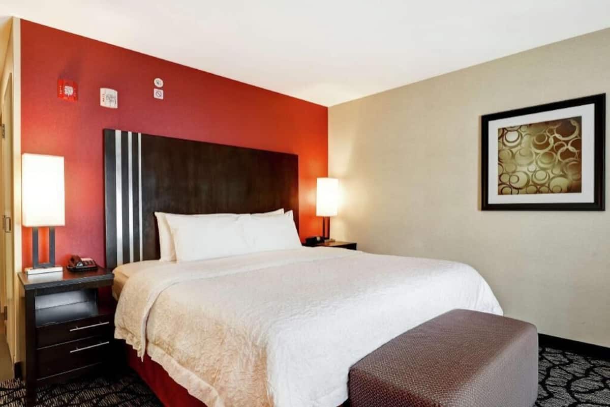 Quarto de hotel com uma cama grande, uma mesa de cabeceira, uma luminária, uma obra de arte emoldurada na parede e uma parede de destaque vermelha.