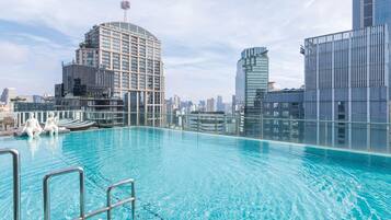 A rooftop pool with clear blue water, surrounded by modern buildings and a city skyline.