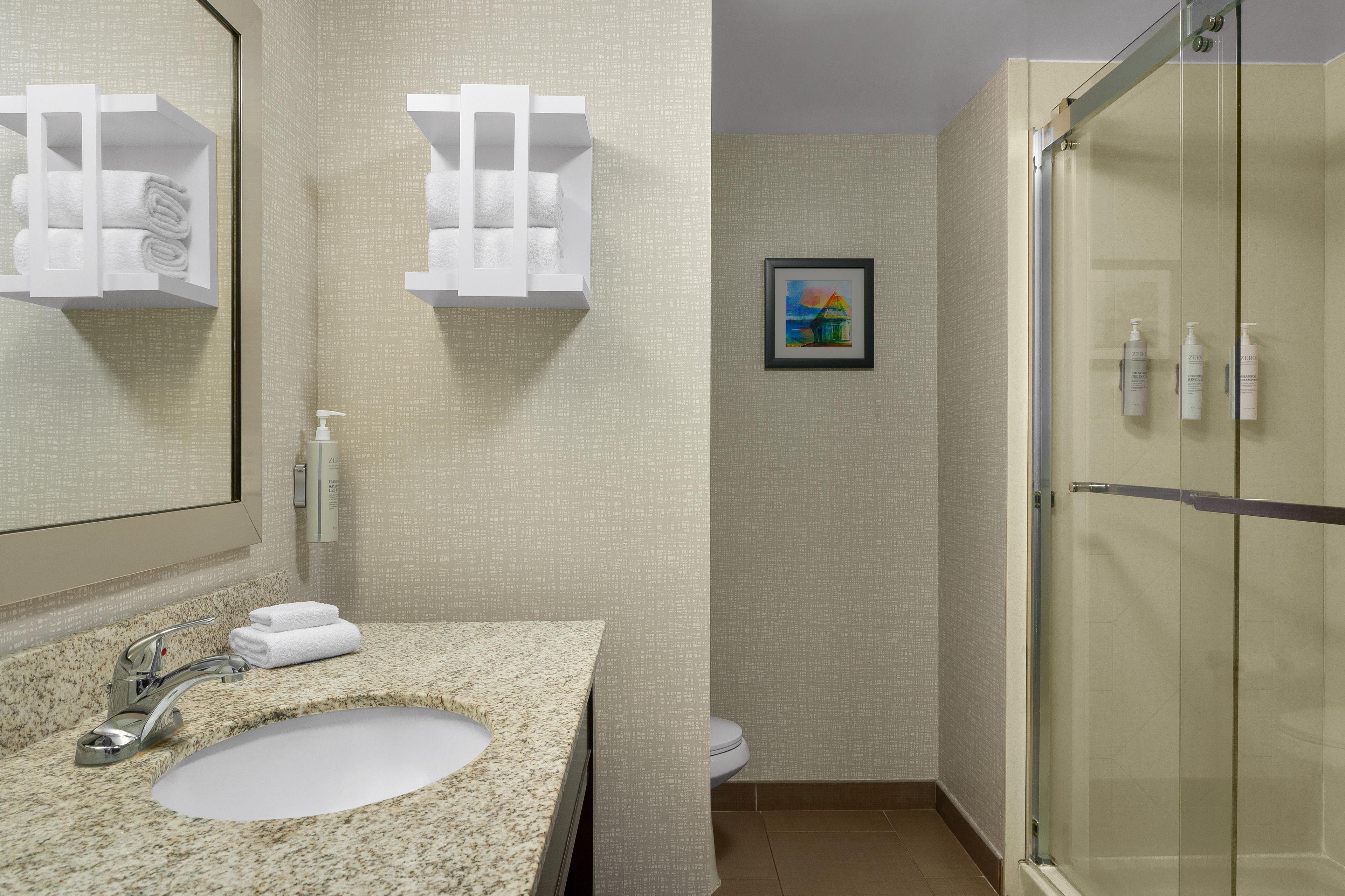 A bathroom with a granite countertop sink, a mirror, a framed painting on the wall, and a shower area.