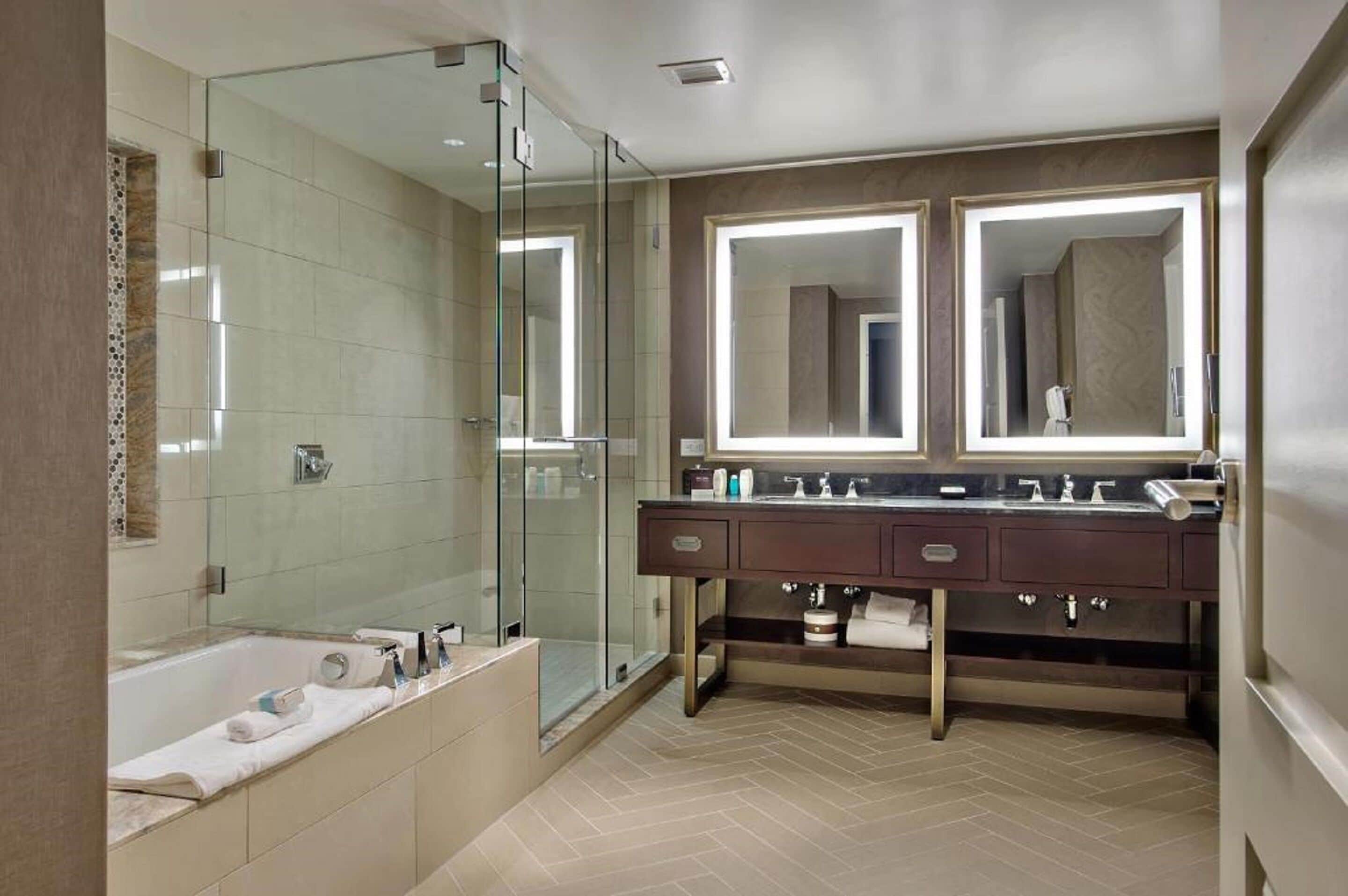 combined shower/bathtub, free toiletries, hair dryer, bathrobes