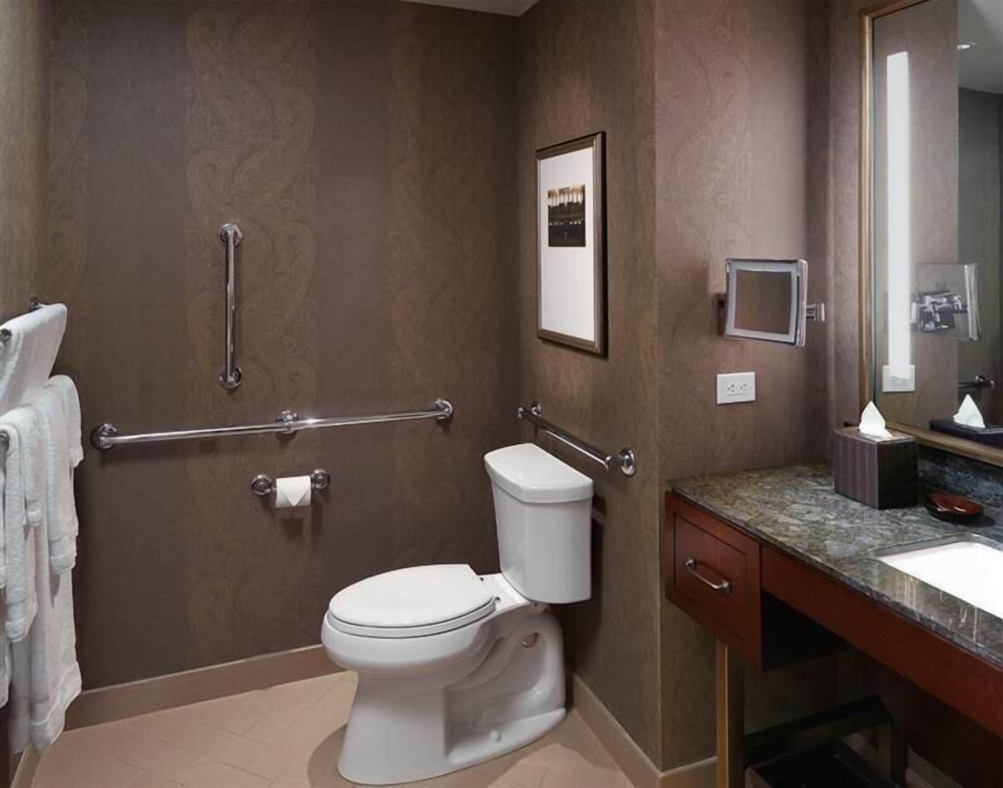 A bathroom with a toilet, handrails, a towel rack, a sink, and a mirror.