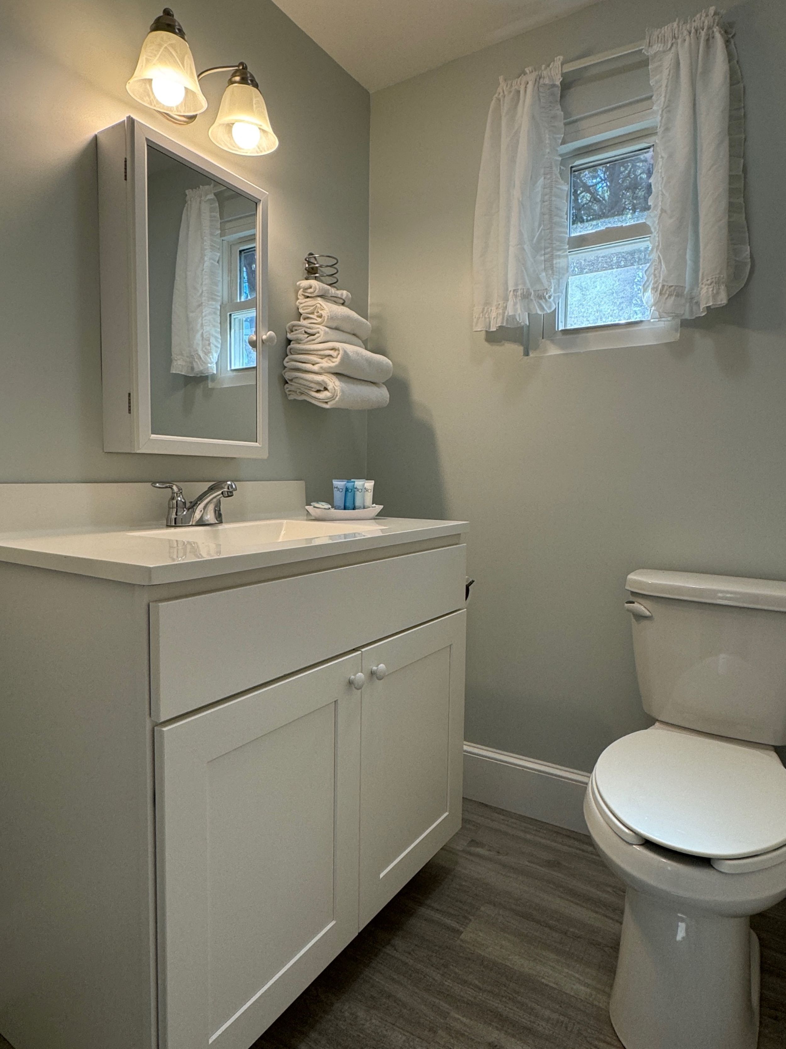 A bathroom with a white vanity, a sink, a mirror, a toilet, and a window with curtains.