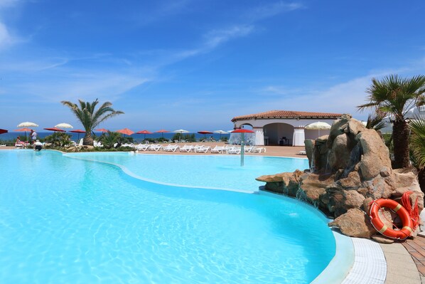 Seasonal outdoor pool, pool umbrellas, pool loungers