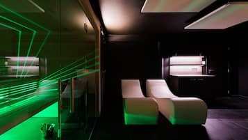 Relax in style with a sleek reception desk and plush lounge chairs.