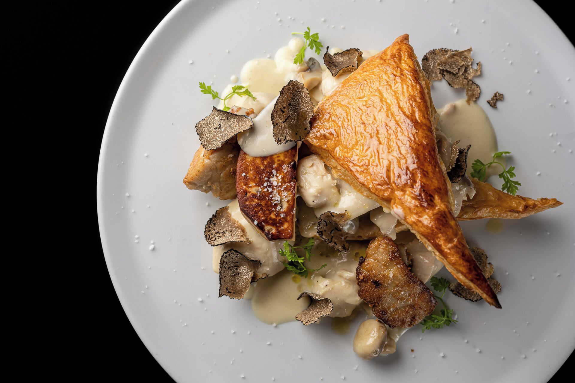 A plate of food with a piece of meat, mushrooms, and a creamy sauce.