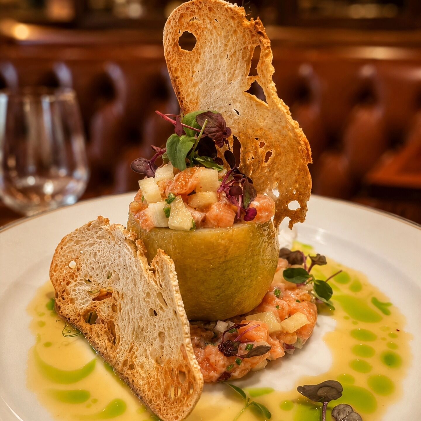 Un plat composé de pain et de crevettes, servi dans une assiette.