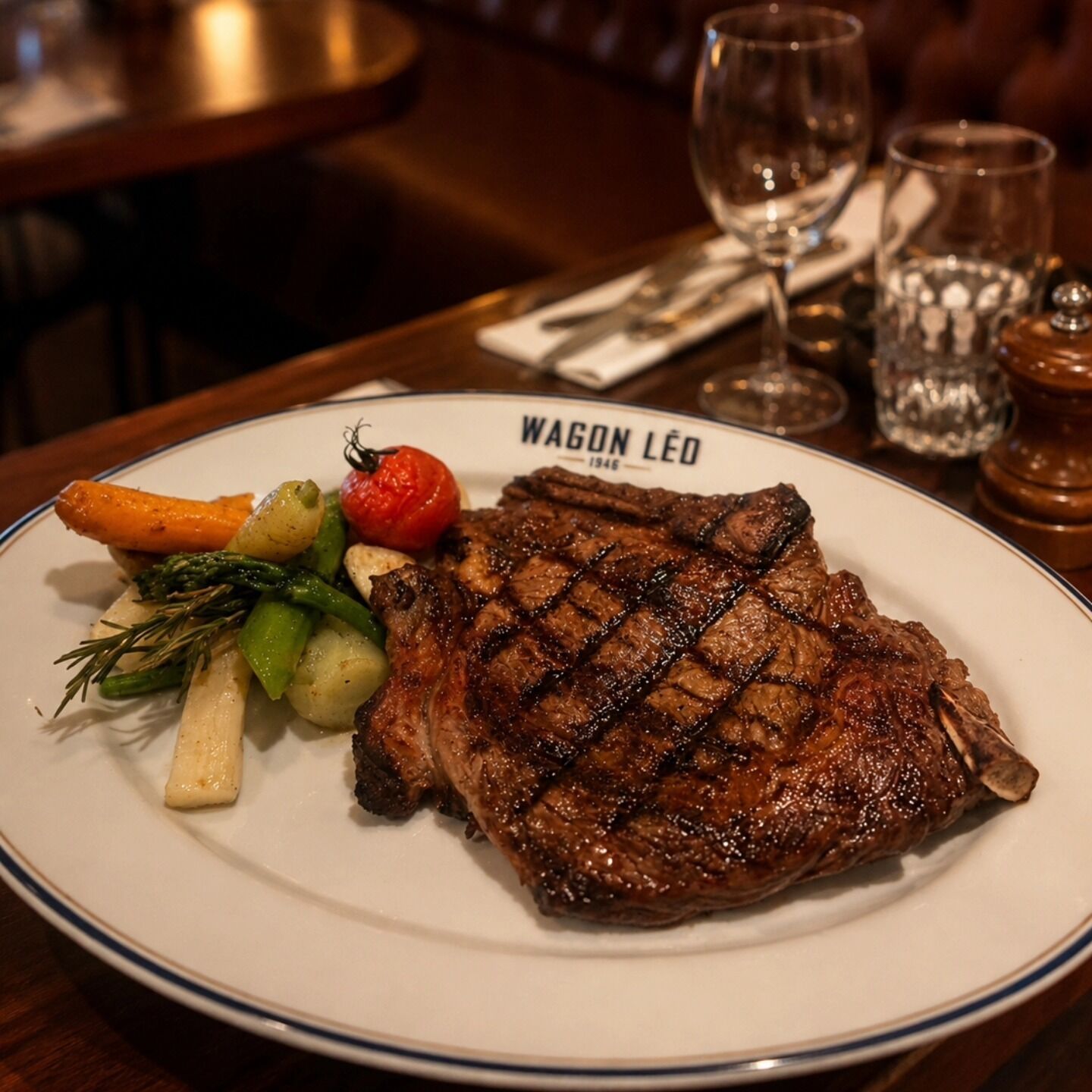 Un plato con un bistec a la parrilla, espárragos y verduras sobre una mesa con un vaso y salero.