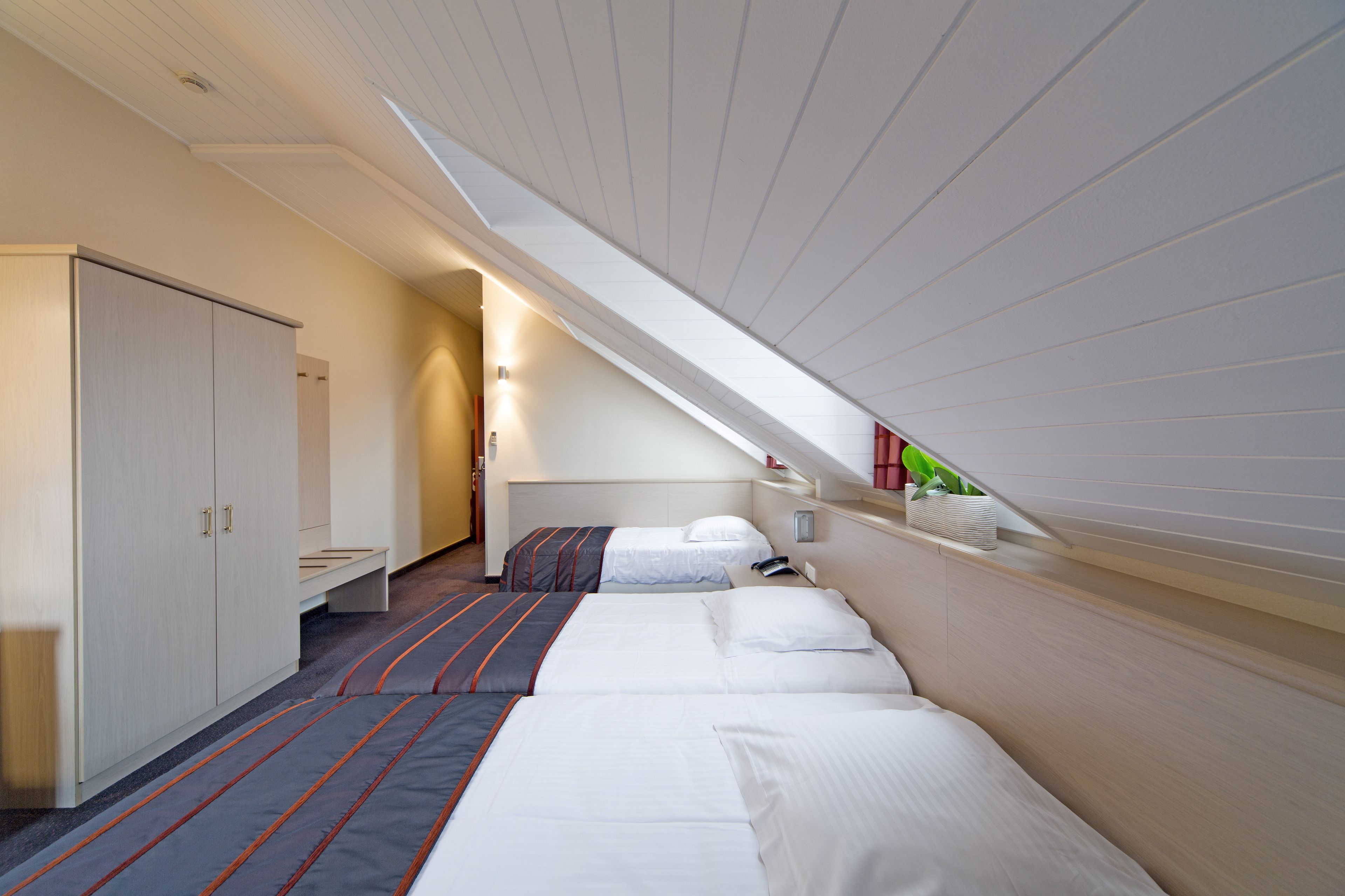 A hotel room with two beds, a wardrobe, a skylight, and a bedside table with a plant.