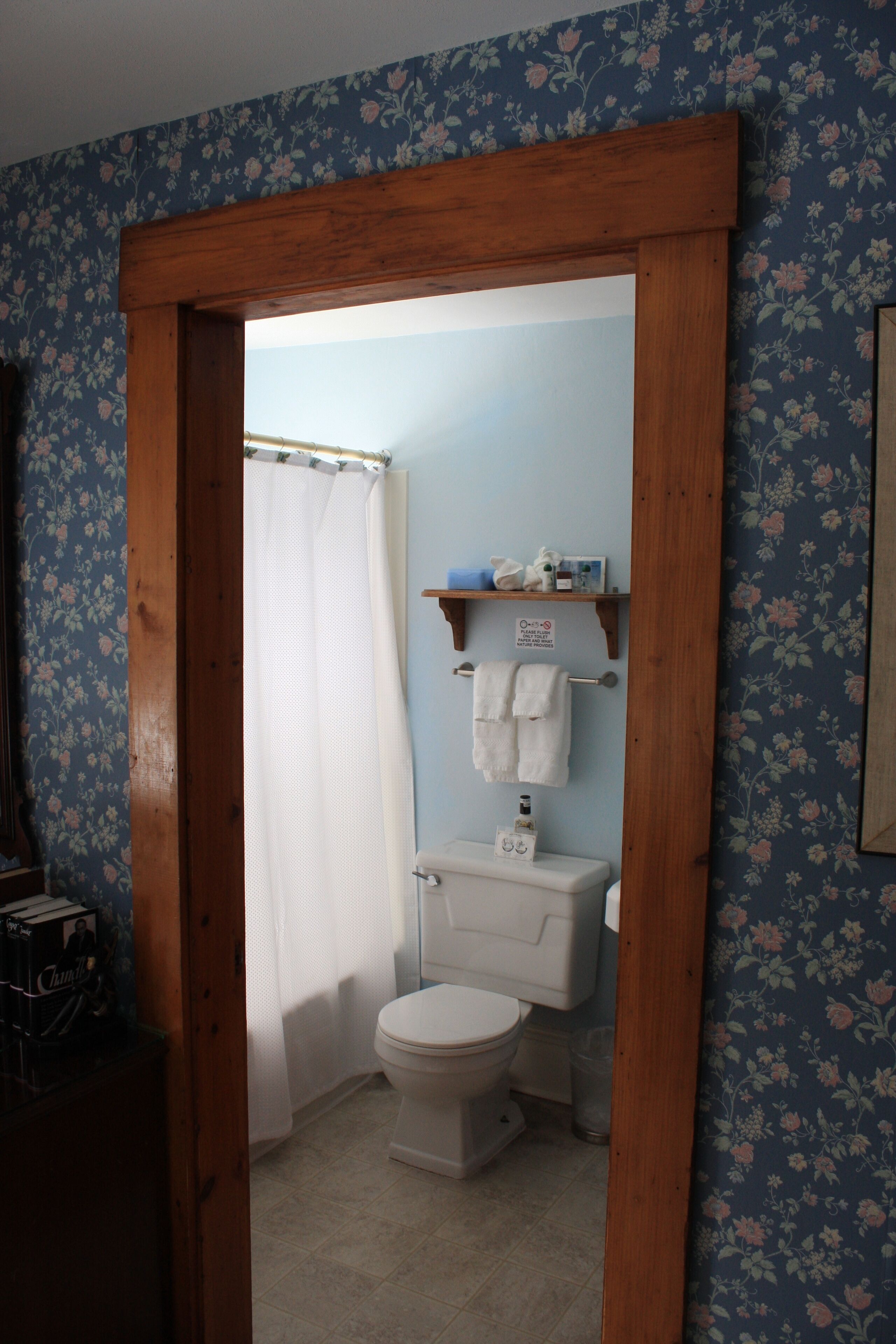 A bathroom with a wooden frame door, a toilet, a shower curtain, and a shelf with towels and toiletries.