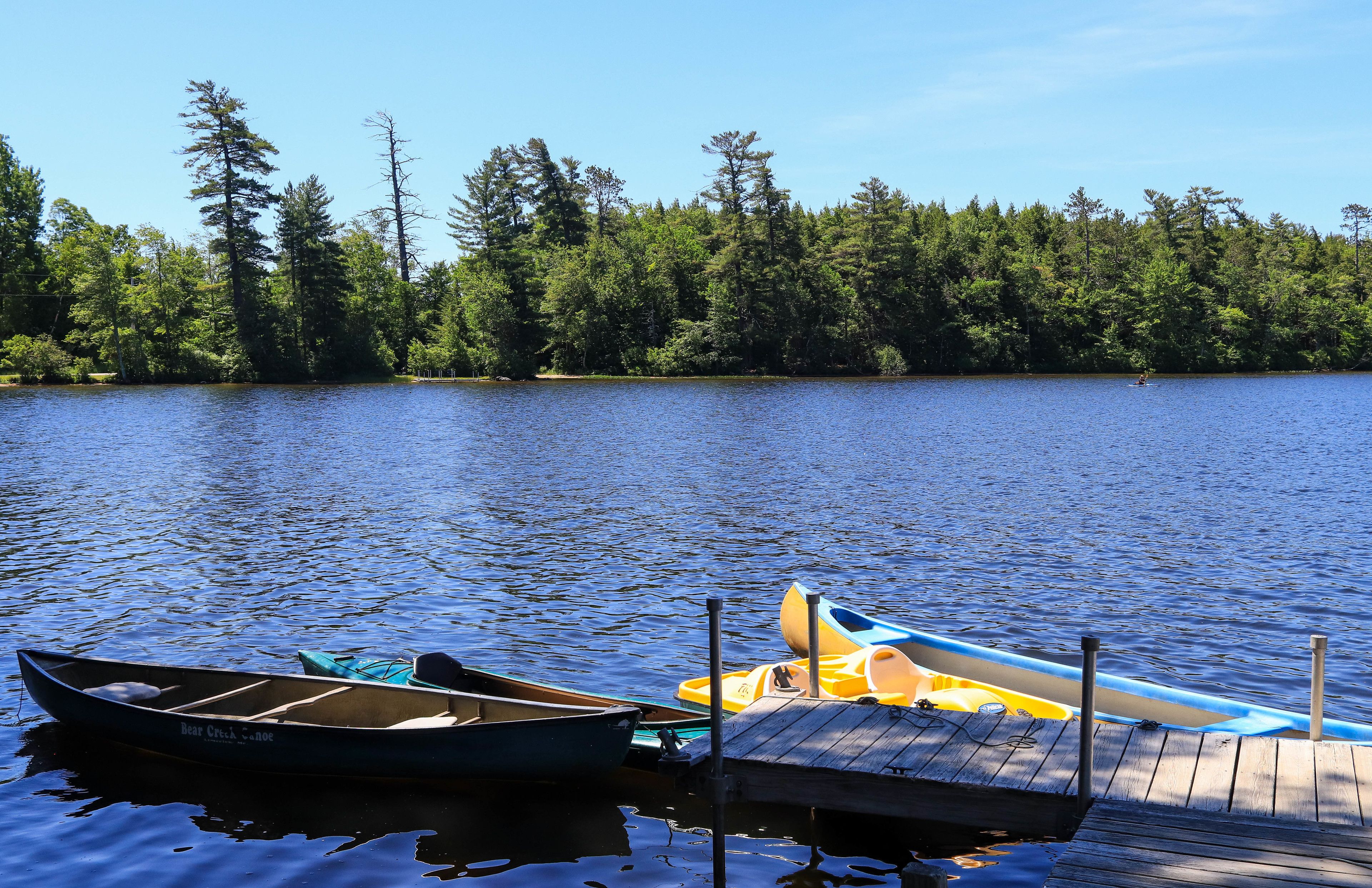A calm lake with docked boats and a forested shoreline.