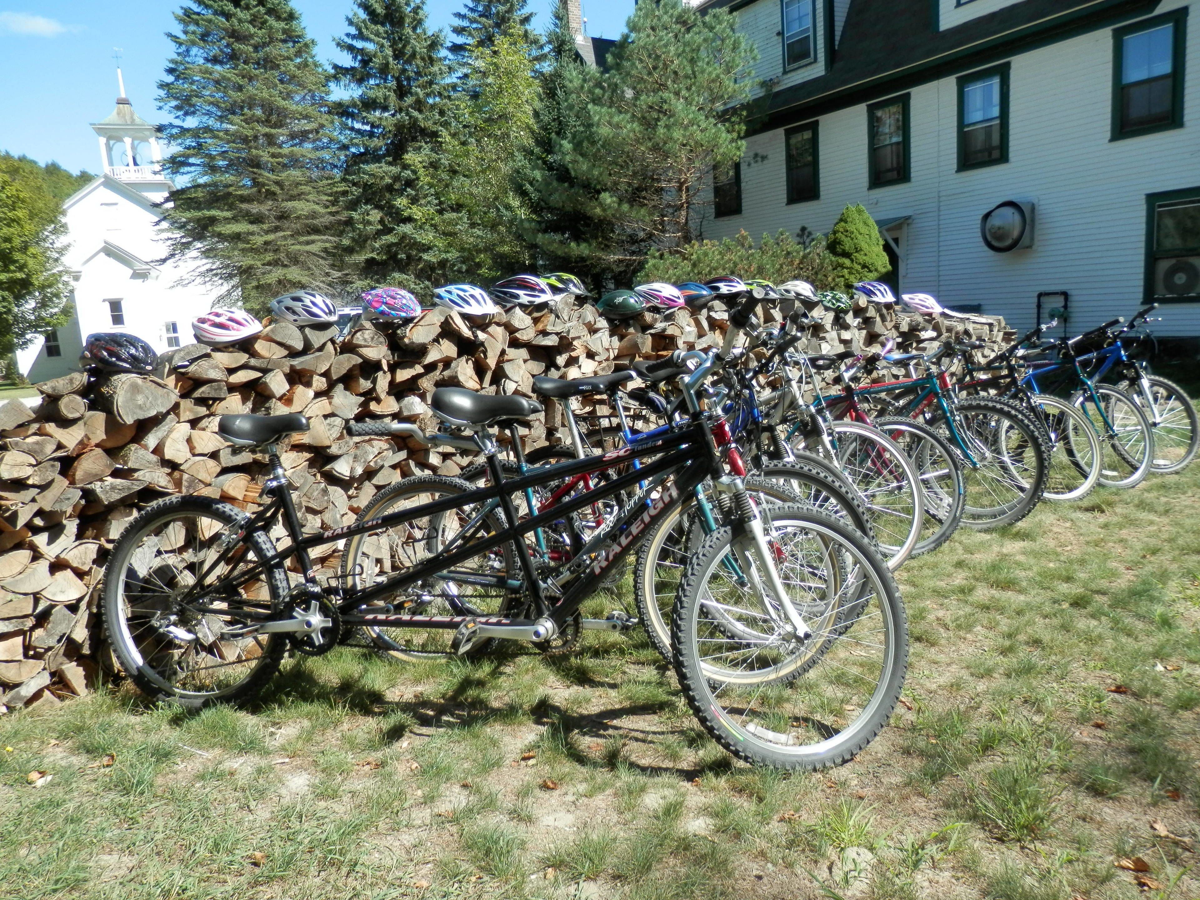 A row of bicycles parked against a stone wall in a grassy area with a building and trees in the background.