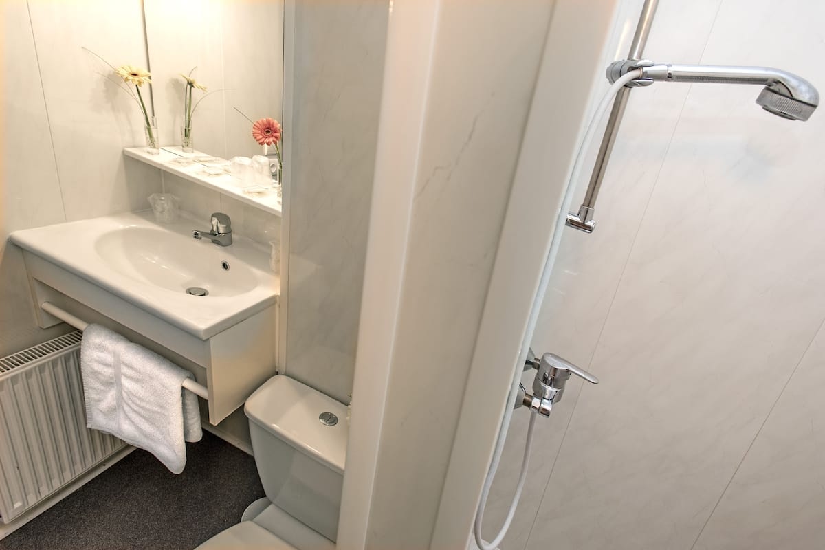 Shower, free toiletries, towels