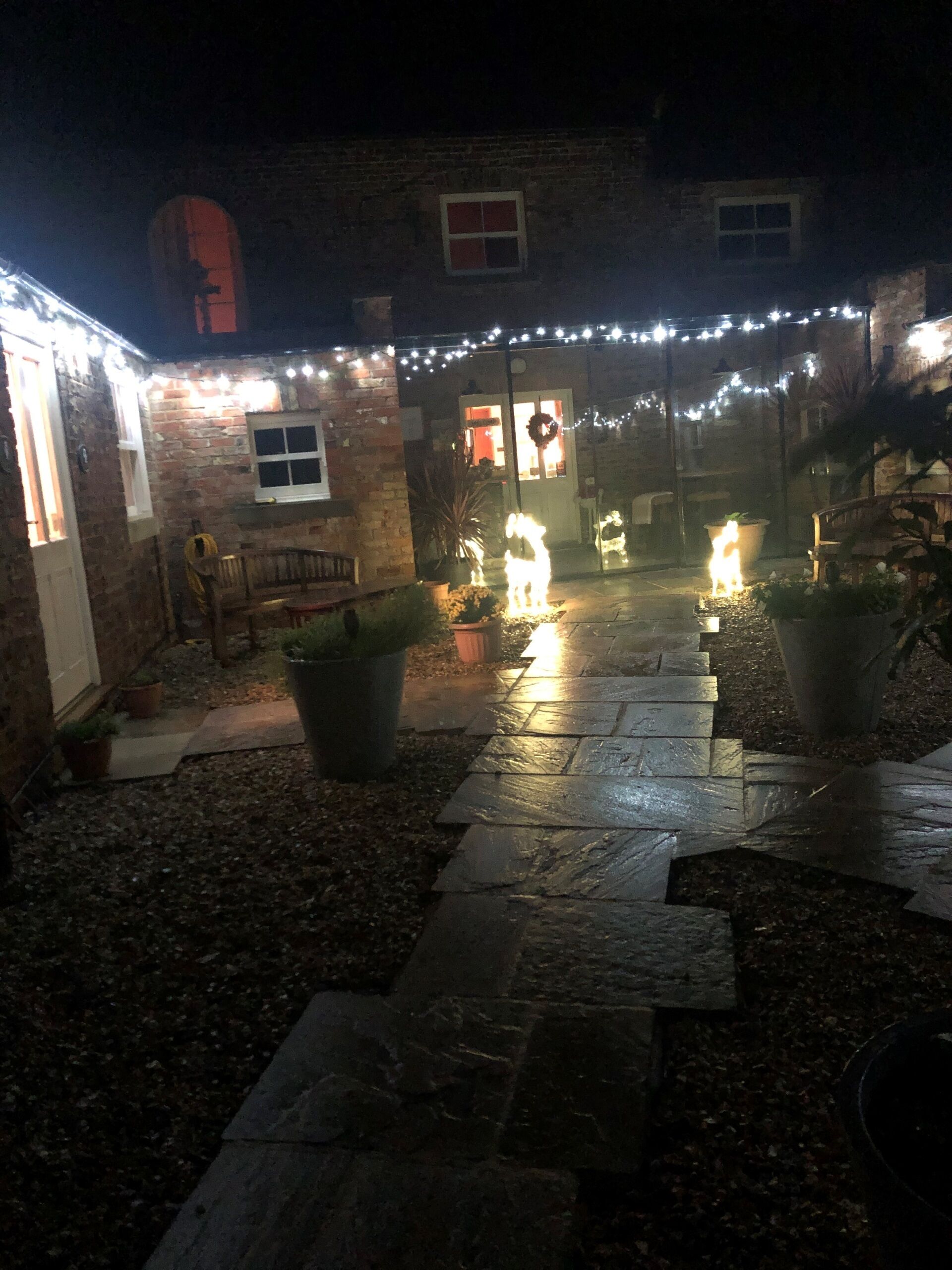 A courtyard with stone pathways, potted plants, and string lights.