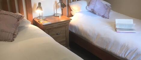 A twin room with two beds, each with a wooden headboard, a bedside table with a lamp, and a book on the right bed.