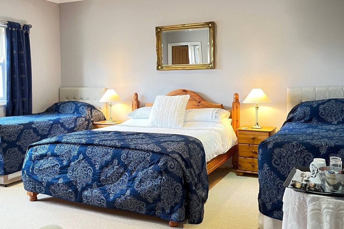 Habitación de hotel con dos camas, cabecero de madera, un espejo y una mesita con bandeja.