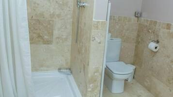 Un baño con ducha, inodoro y un rollo de papel higiénico en la pared.