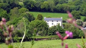 A rural landscape with a white house surrounded by lush greenery and fields. - Plantation House Hotel (Ivybridge)