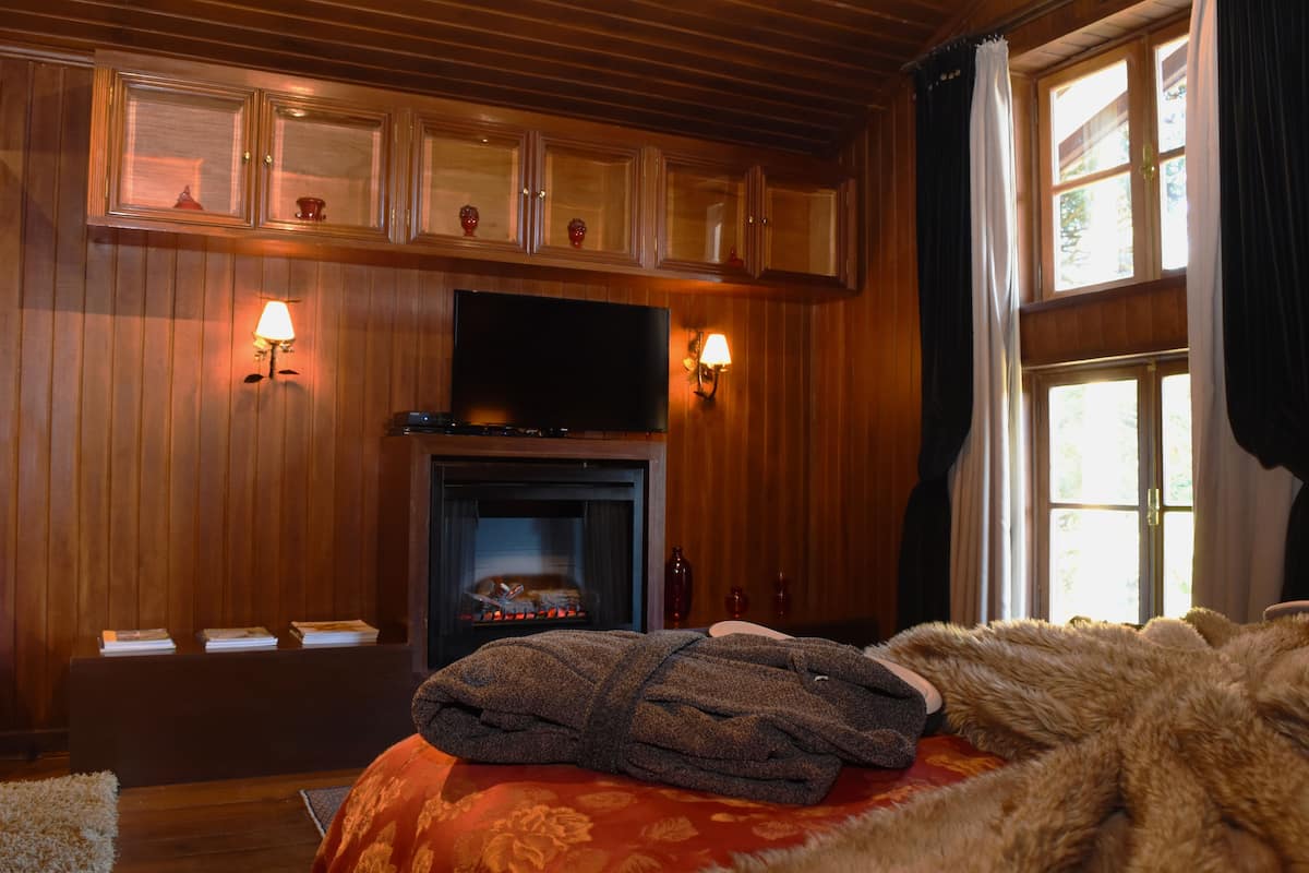 Un cuarto acogedor con paneles de madera, chimenea, televisor de pantalla plana y dos lámparas de pared.