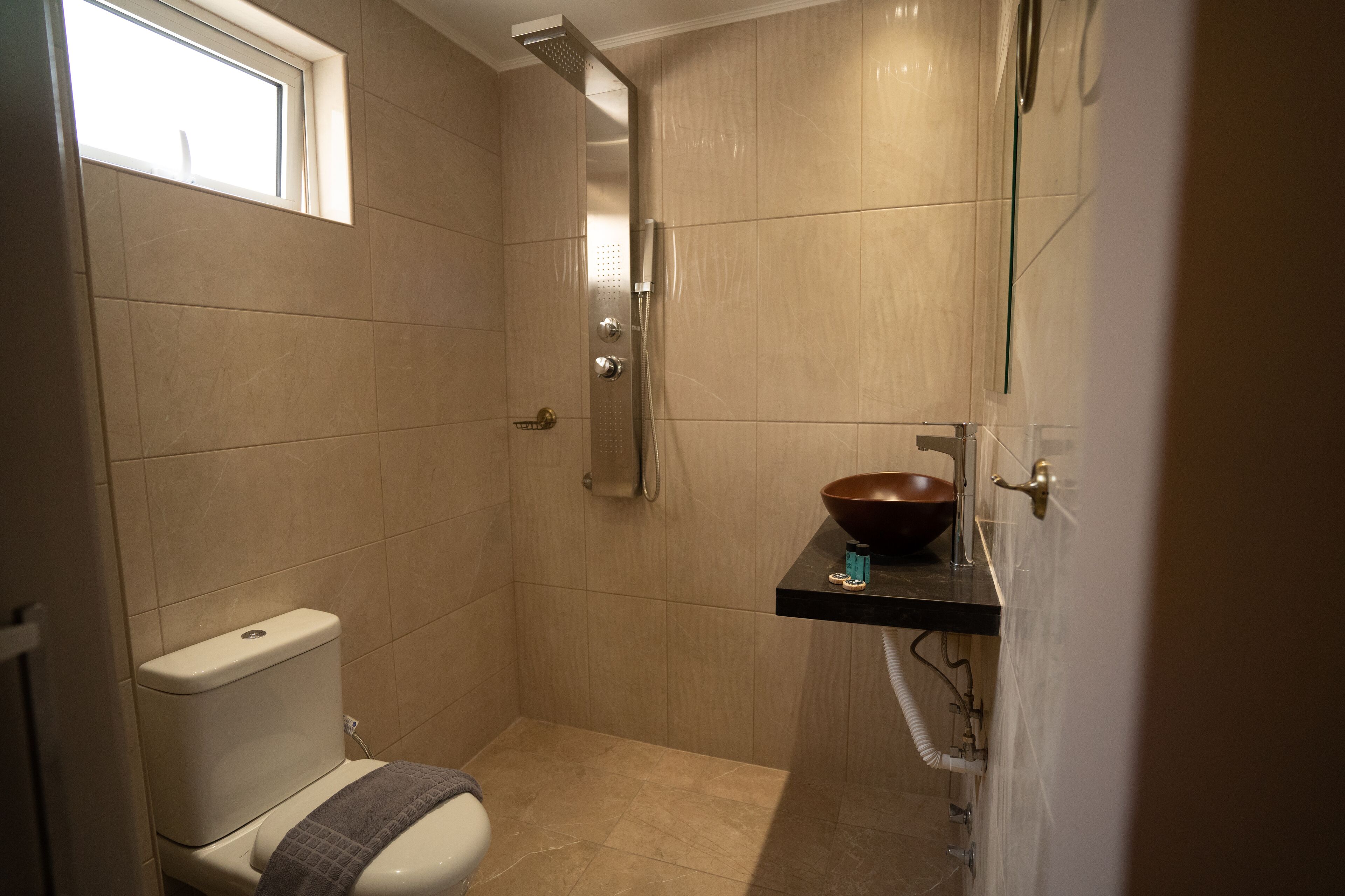 A small, modern bathroom with a toilet, a shower, and a vanity with a bowl sink.