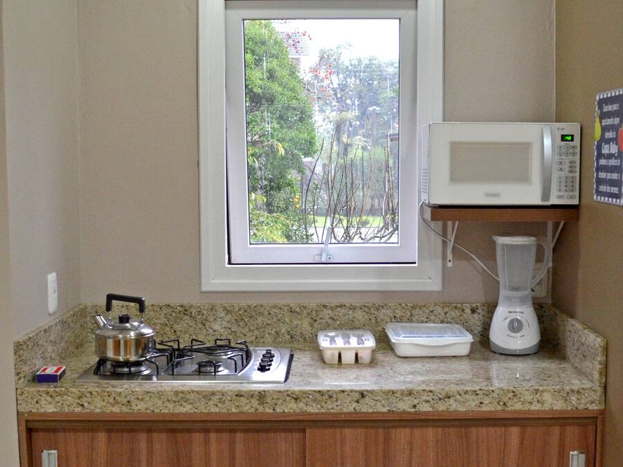 A kitchen with a gas stove, microwave, and a window with a view of greenery.