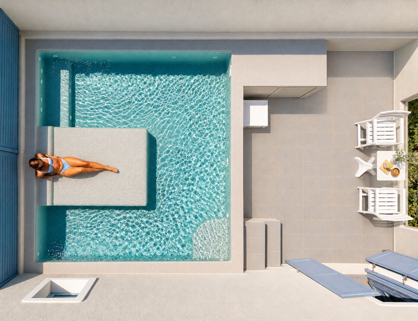 Ein moderner Poolbereich im Freien mit einer Person, die auf einer Liege entspannt, einer kleinen Sitzecke mit Tisch und Stühlen sowie einer überdachten Sitzgelegenheit mit Blick auf den Pool.