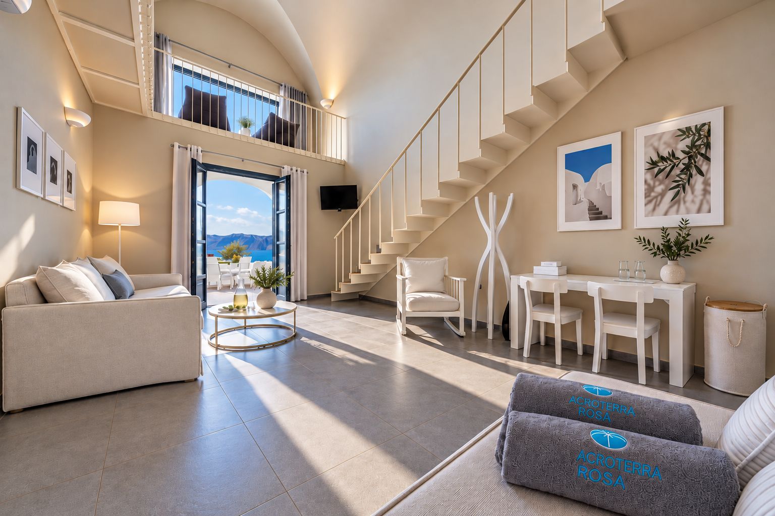 A spacious living area with a sofa, coffee table, and a staircase leading to an upper level.