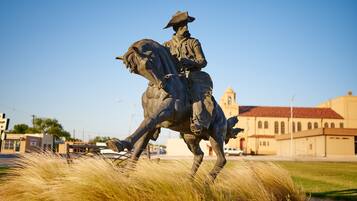 Una statua di un uomo a cavallo in un'area erbosa, con edifici sullo sfondo.