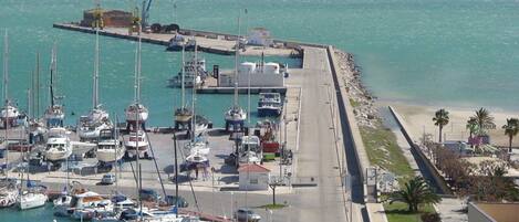 Un puerto deportivo con numerosas embarcaciones amarradas, un muelle que se adentra en el agua y una playa con palmeras.