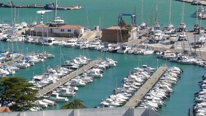 Un puerto deportivo con numerosas embarcaciones amarradas en un diseño ordenado, rodeado de edificios y una vista despejada al mar.