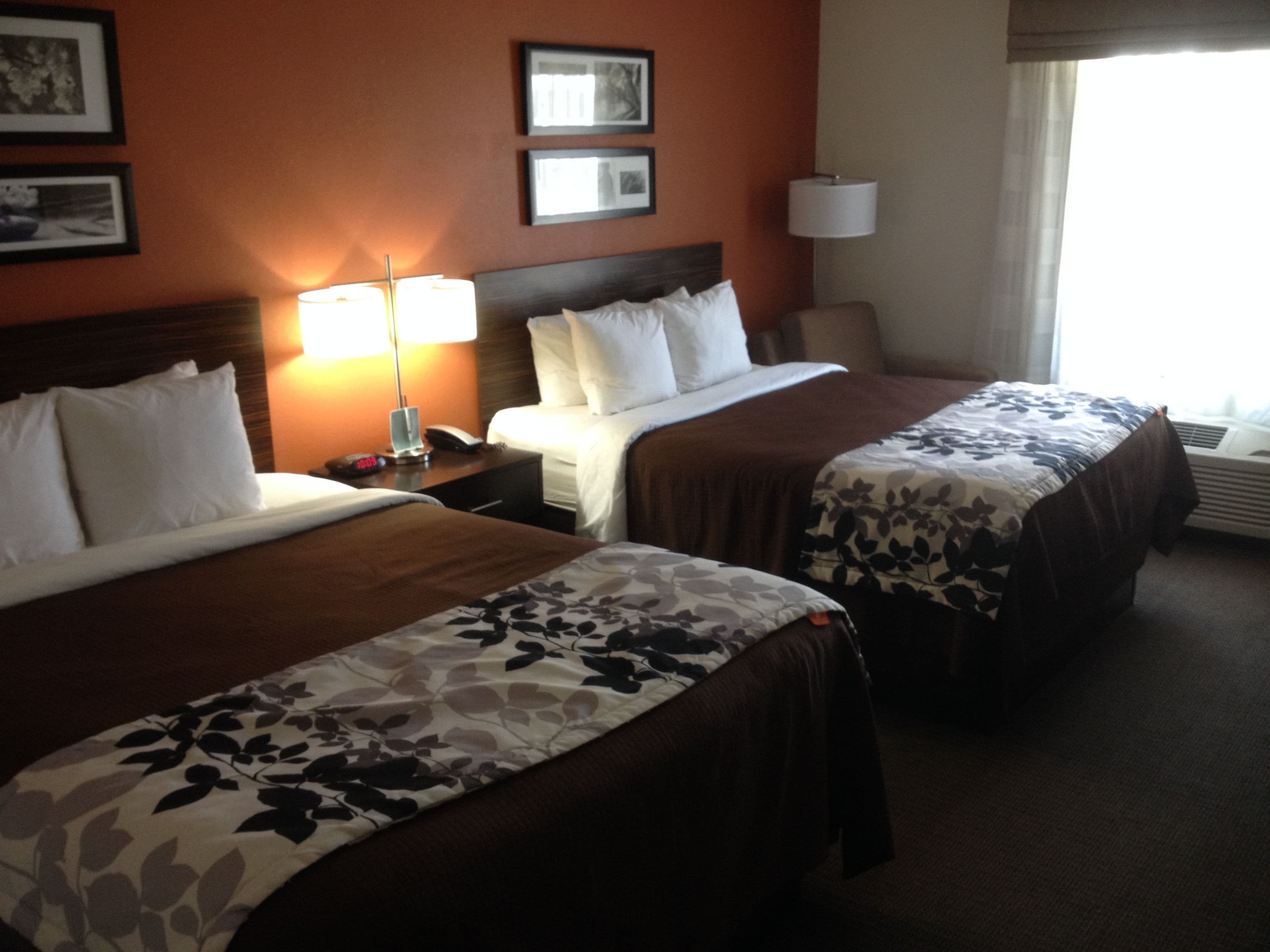 A hotel room with two beds, a nightstand, a lamp, and framed pictures on the wall.