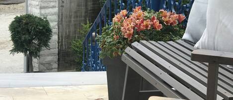 A bench with a planter of flowers, a staircase with blue railings, and a white building in the background.
