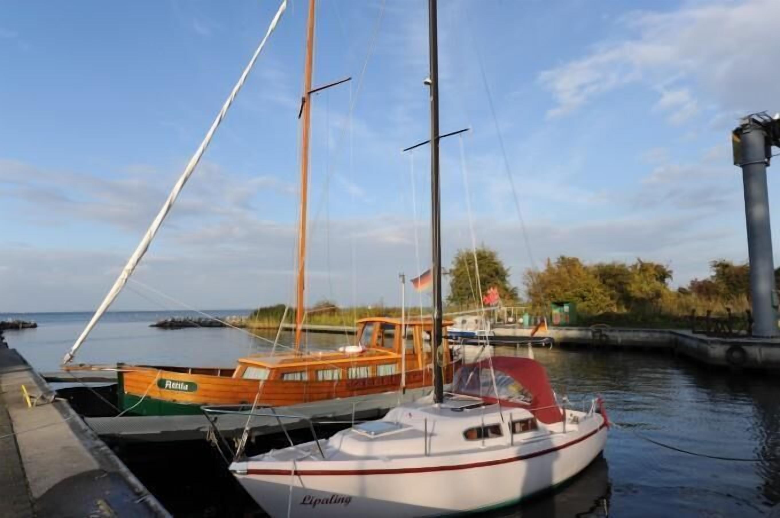 A marina with boats docked, including a sailboat and a motorboat.
