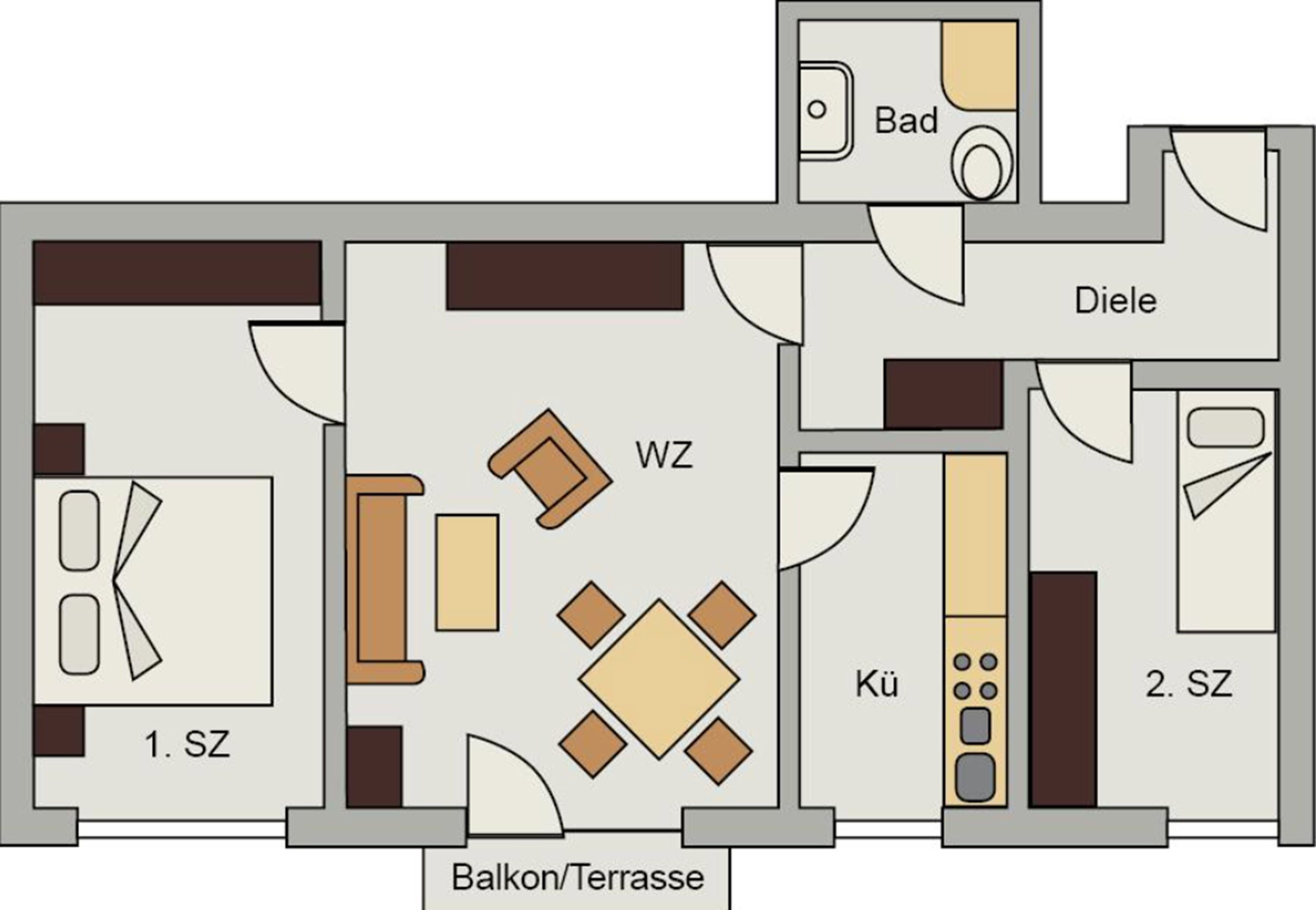 Un plano de planta con balcón, dos baños privados, cocina, comedor y sala de estar con chimenea.