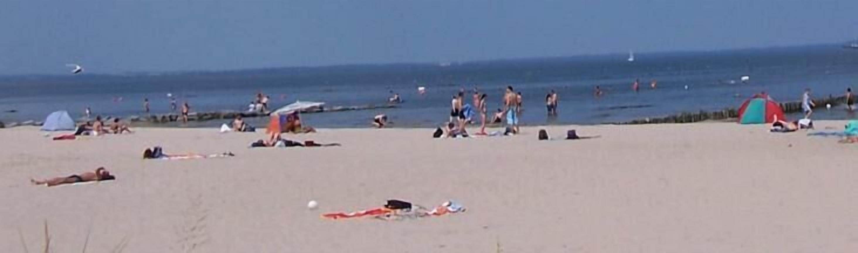 A beach with people sunbathing and swimming.