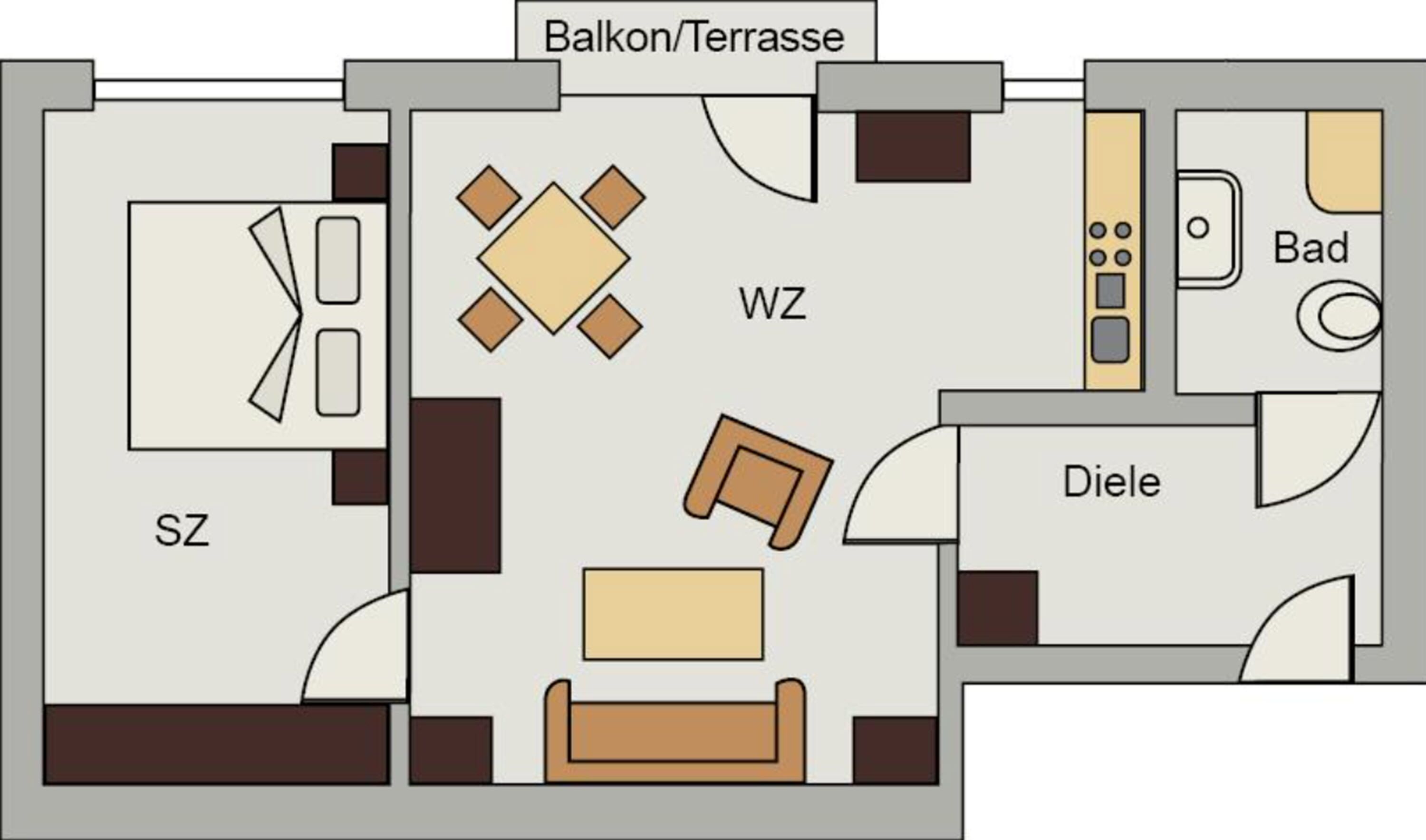 Distribució d'una habitació d'hotel amb balcó, zona d'estar amb taula i cadires, dormitori amb llit i bany.