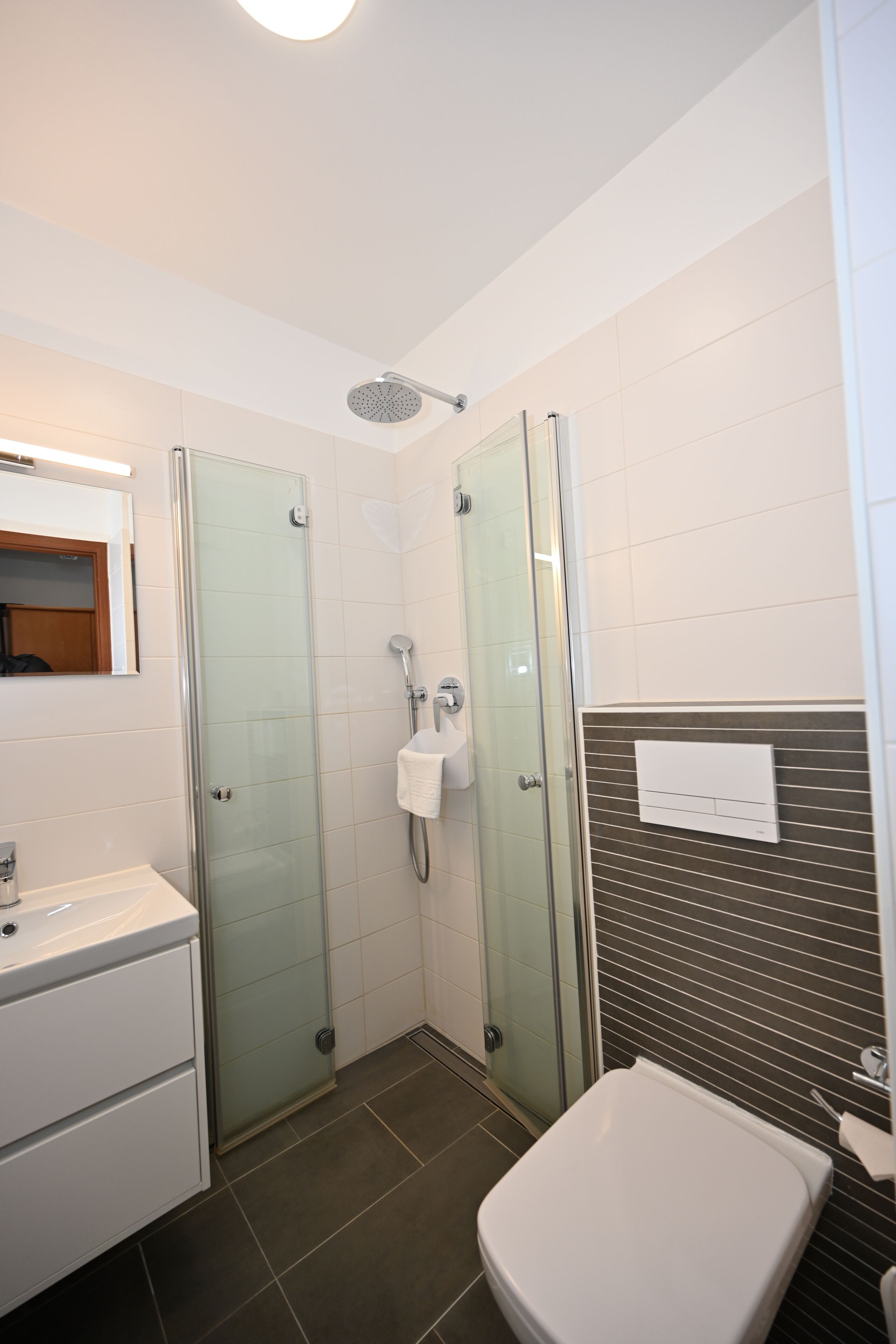 A modern bathroom with a glass-enclosed shower, a white sink, and a toilet.