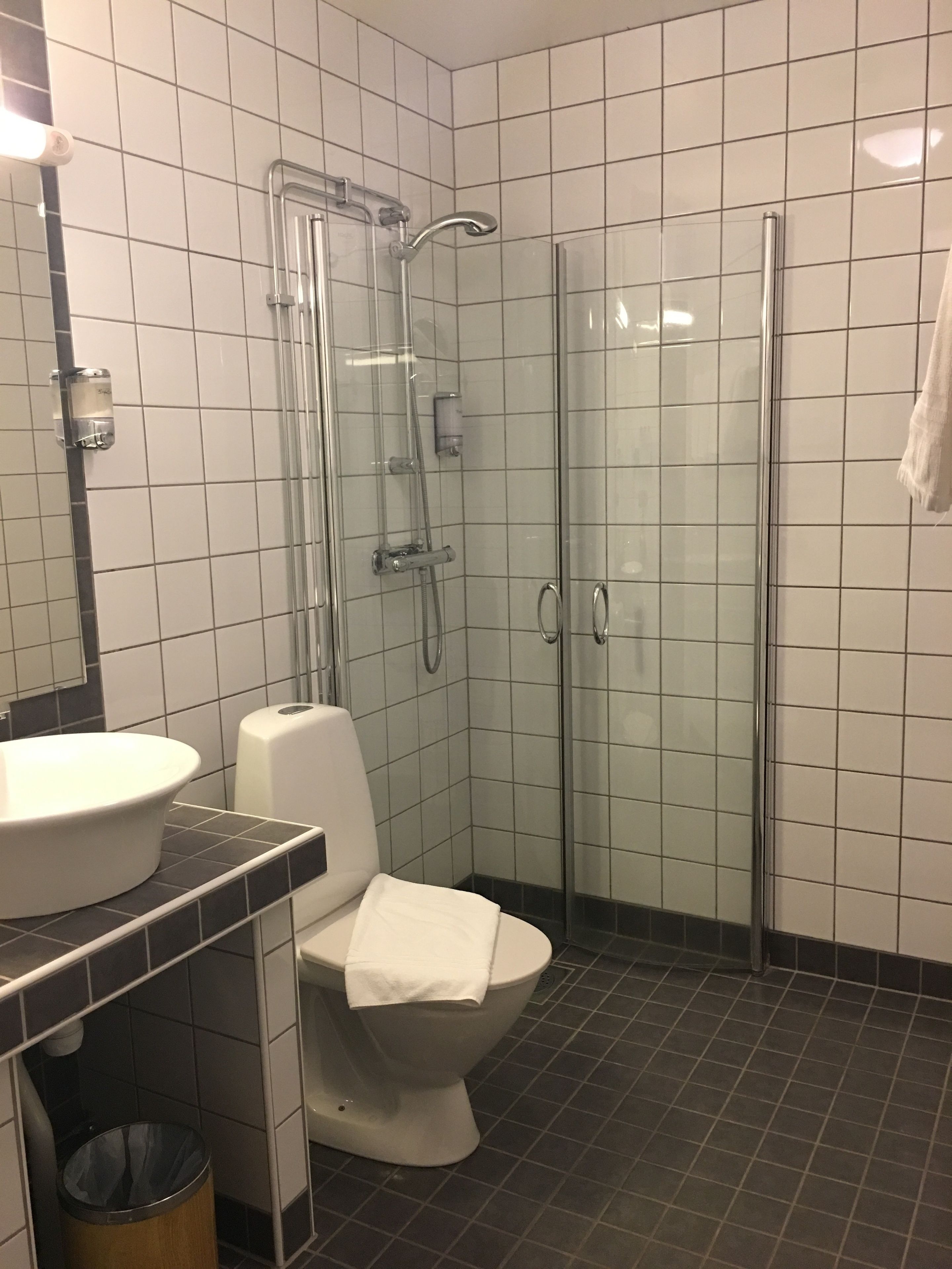 A bathroom with a glass-enclosed shower, a toilet, and a sink with a mirror.