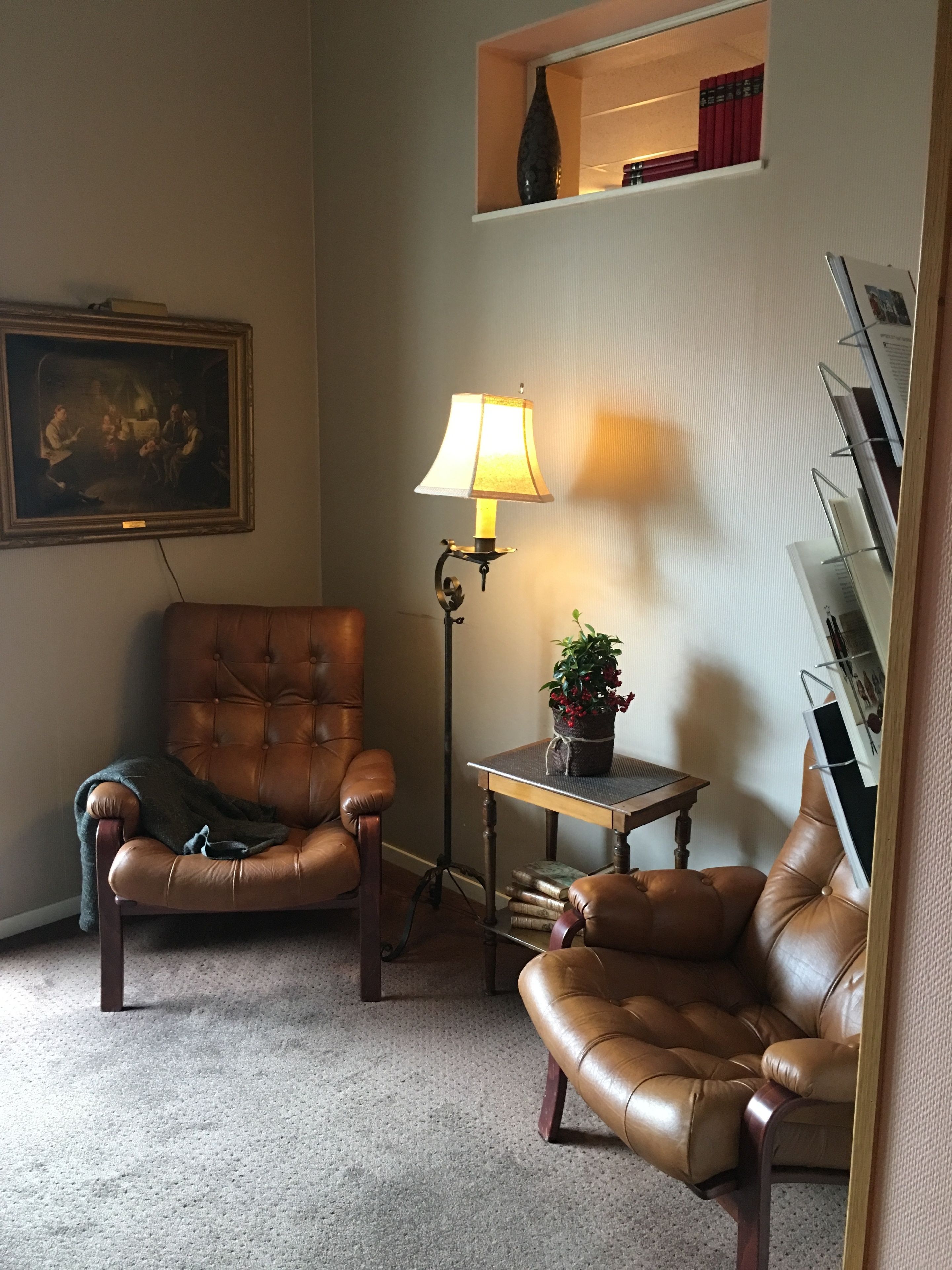 A living room with two leather armchairs, a floor lamp, a small table with a plant, a bookshelf, and a framed painting on the wall.