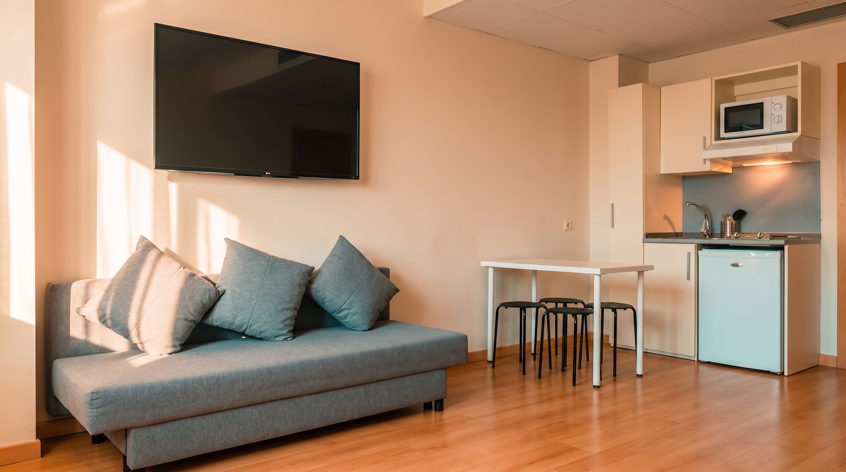 A modern living room with a grey sofa, a flat-screen TV, and a compact kitchen area with a microwave.