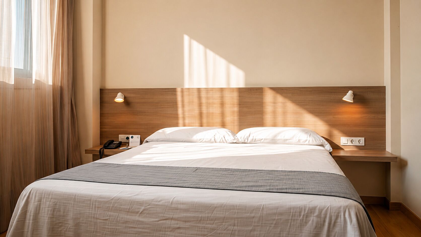 A hotel room with a bed, bedside tables, and a nightstand with a phone and a lamp.