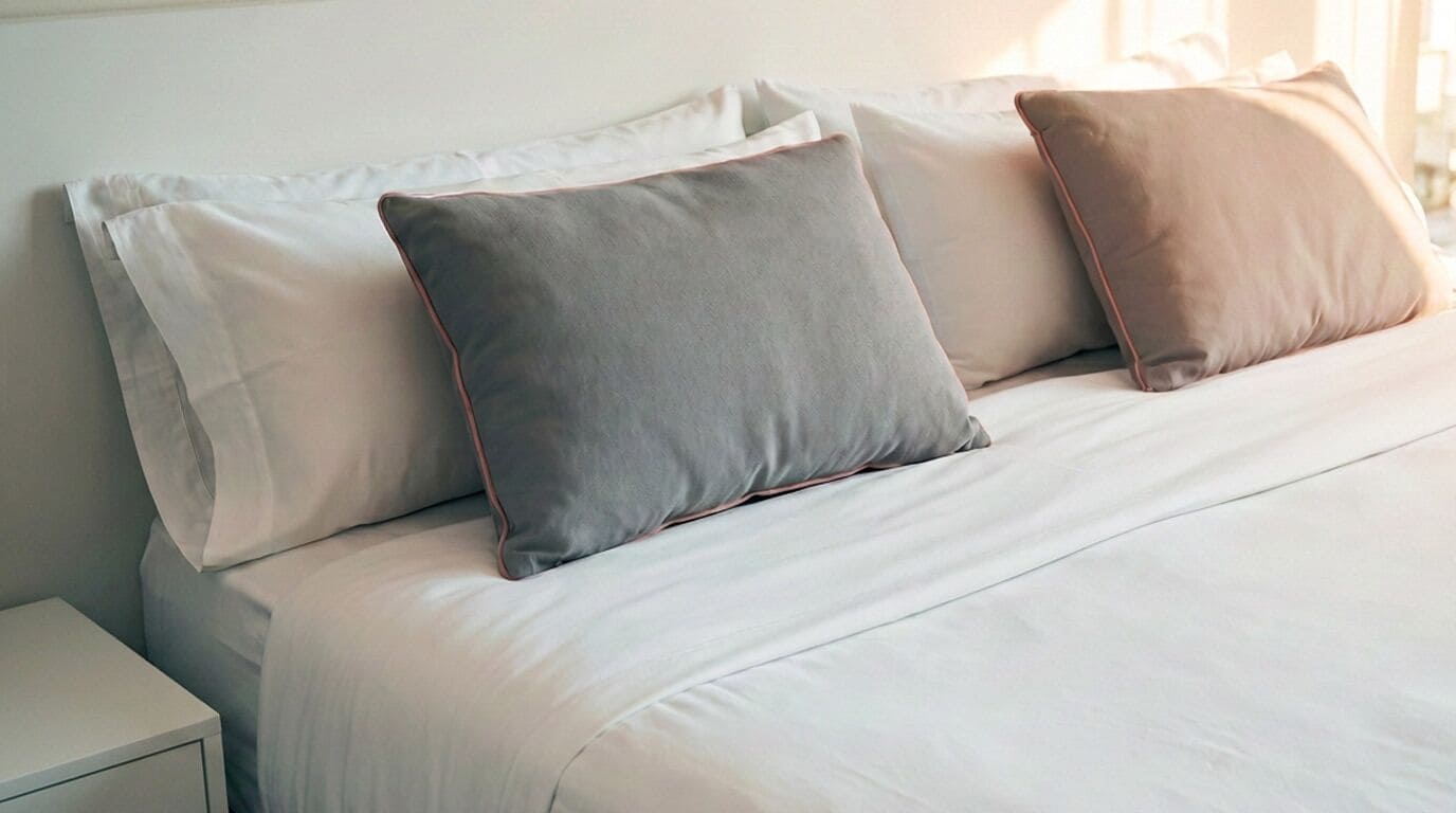 Una cama con ropa blanca y tres almohadas en diferentes tonos.
